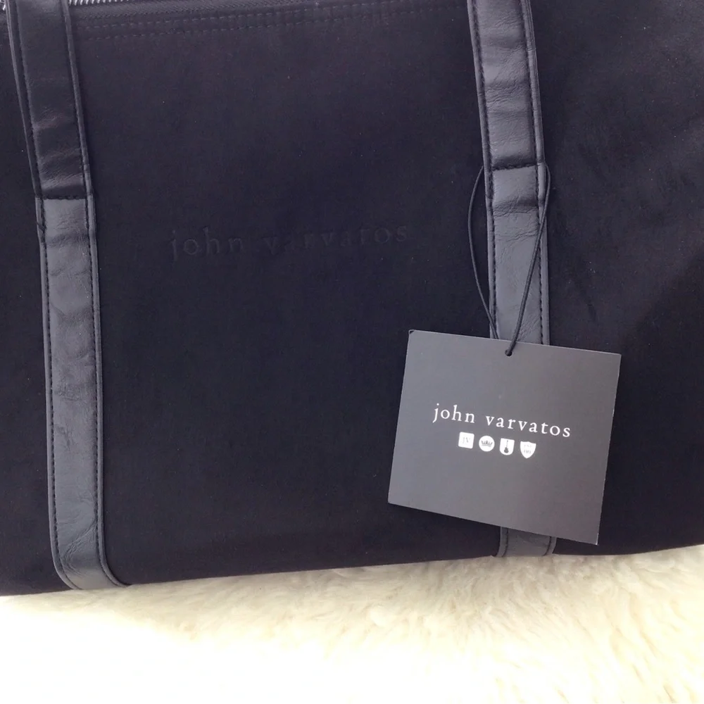 John Varvatos Black Faux Suede and Faux Leather Trim Duffel Bag with Top Handles